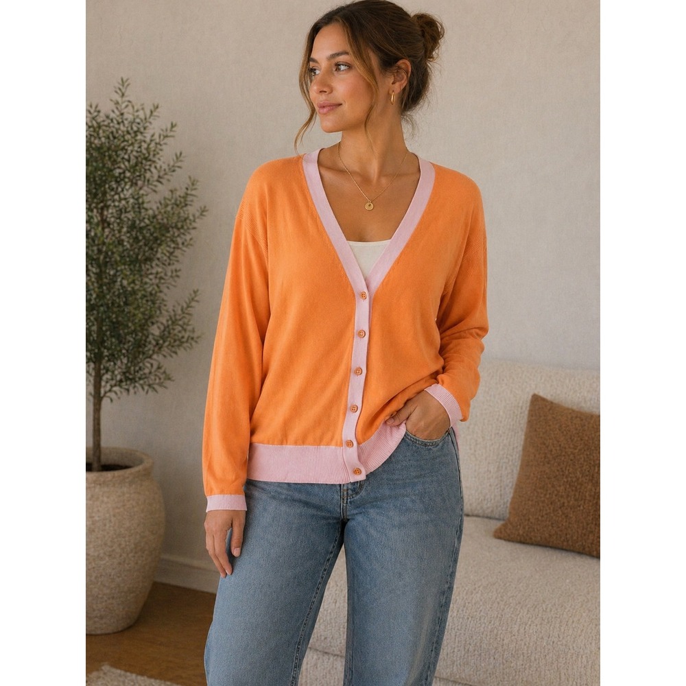 Talbots Womens Orange Pink Colorblock V-Neck Button Front Cardigan Sweater S
